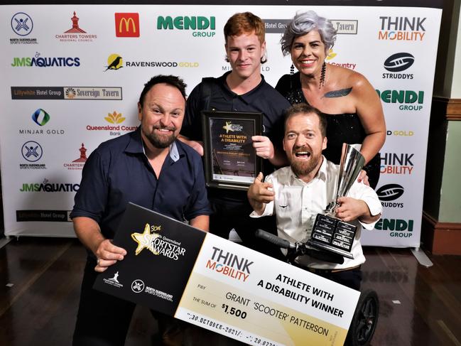 North Queensland Sportstar Awards Athlete with a Disability award recipient Grant 'Scooter' Patterson and runner up Brayden Foxley-Conolly were congratulated by Olympic speed skater Steven Bradbury and Think Mobility NQ general manager Sonya Hill at the awards. Picture: Towers Filmworks