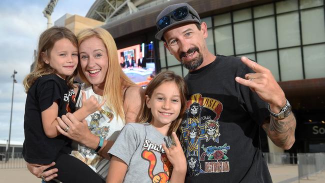 Jared and Alexandra Fillmore with daughters Ava Jae, 7, and Sierra, 10, at Adelaide Oval. Picture Roger Wyman