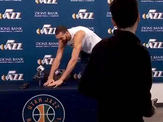 Rudy Gobert makes a point of touching every microphone and voice recorder.