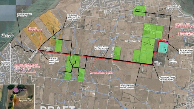 The network of low-salinity recycled water to be delivered on the Bellarine Peninsula by Barwon Water by 2025. Image: Barwon Water tender documents