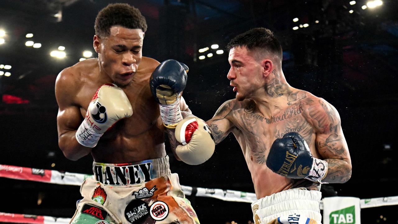 Aussie boxer George Kambosos Jr, right, knows the importance of promotion. Picture: William West/AFP