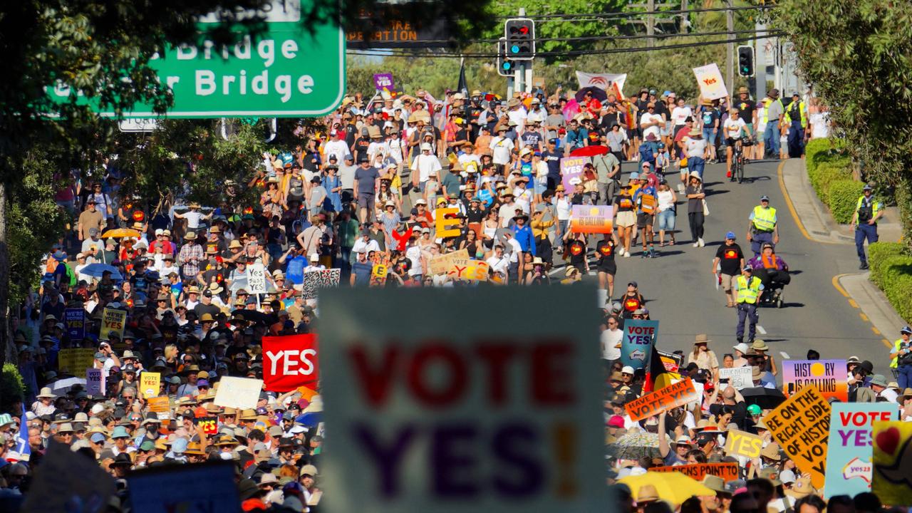 A ‘Walk for Yes’ rally in Sydney on Sunday. Picture: Andrew Leeson/AFP