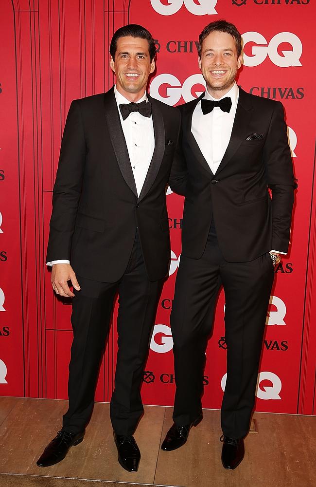 Winners Andy Lee and Hamish Blake arrive at the GQ Men of the Year awards. Picture: Getty Images