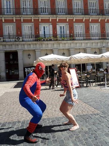 Being silly with Spiderman in Madrid. Picture: Tatyana Leonov