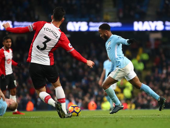 Raheem Sterling prepares to strike his winning goal.