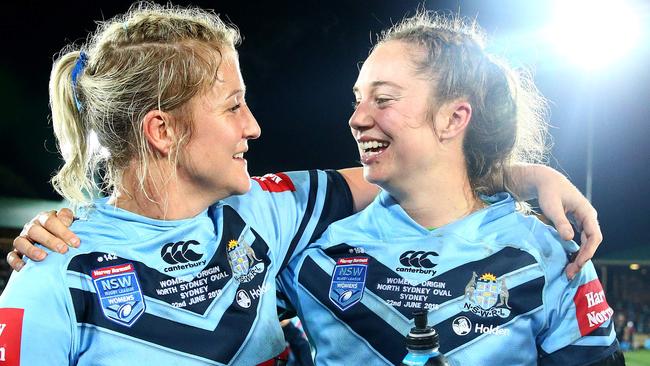 Talesha Quinn and Kezzie Apps celebrate winning the women's State of Origin at North Sydney Oval. Pics Adam Head