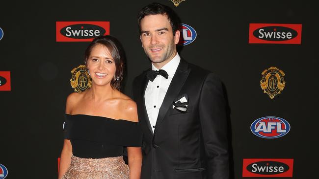 MELBOURNE, AUSTRALIA - SEPTEMBER 22: Jordan Lewis of the Hawks and his partner Lucy Freer attend the 2014 Brownlow Medal at Crown Palladium on September 22, 2014 in Melbourne, Australia. (Photo by Scott Barbour/Getty Images)