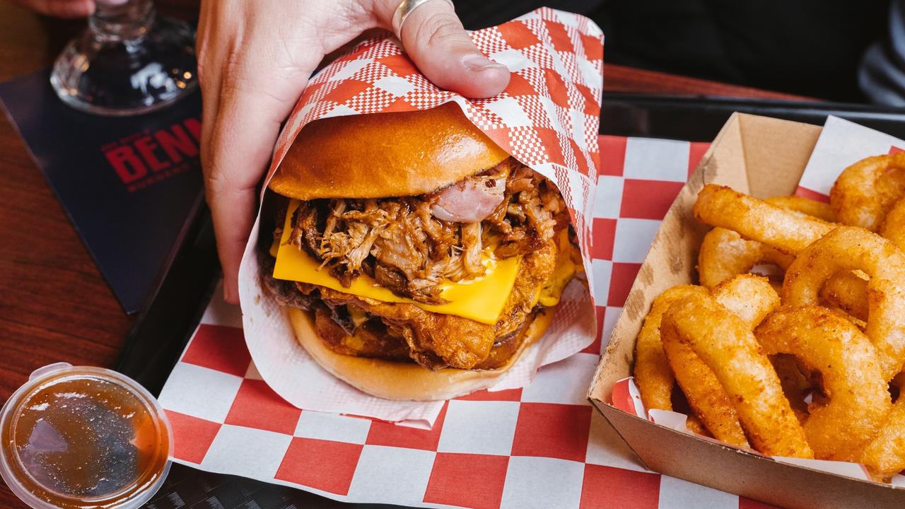 The pulled pork burger and onion rings at Benny's Burgers, which has big expansion plans for Queensland.