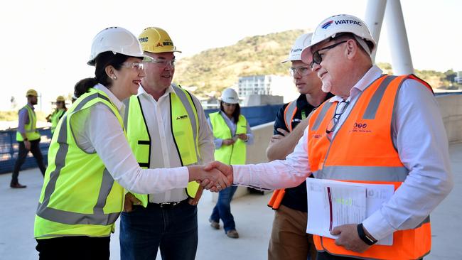 Queensland Premier Annastacia Palaszczuk inspect progress on the North Queensland Stadium, Member for Townsville Scott Stewart, Project Manager Brian Hayes and Watpac Northern Area Manager Bryan Glancy. Picture: Alix Sweeney