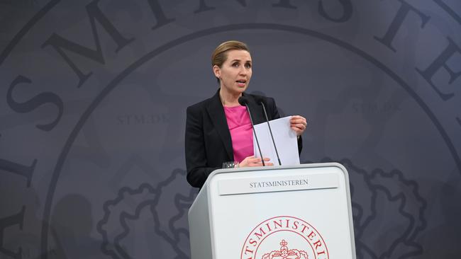 Denmark's Prime Minister Mette Frederiksen announces new coronavirus restrictions. Picture: AFP