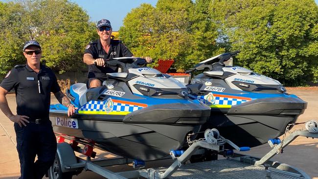 NT Water Police Acting Sergeant Sean Stanley and Senior Constable Troy Harris. Police rescued a man and boy off a rocky outcrop yesterday after they got caught out by the rising tide. Picture: NT Police