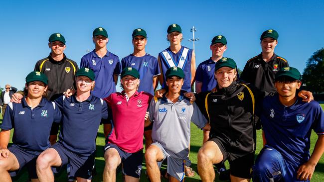 NSW Country players Shaun Smith (back row, second from left) and Blake Mackrell (back row, second from right) and NSW Metro player Aarush Soni (front row, far right) after being selected in the team of merit for the 2024 Cricket Australia Under 17 Male National Championships. Picture: Dylan Burns