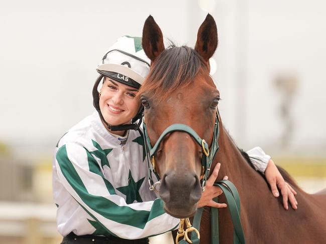 Sage Duric and Daqiansweet Junior at Pakenham on February 09, 2024 in Sale, Australia. (Photo by Scott Barbour/Racing Photos)