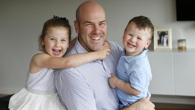 Peter Tautor with kids Milla, 4, and Hudson, 2. Picture: David Caird