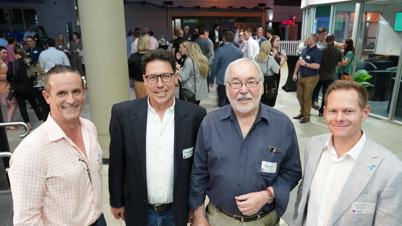 Toowoomba Chamber CEO Todd Rohl (left), developer Mitchell and Barry Bernoth and NRG-One CEO Carl Duncan. Bernoth Properties hosted the Toowoomba Chamber's Business at Dusk event at the revamped ground floor of the Ventia building along the Bell Street Mall in the CBD.