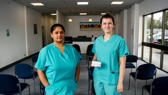 Dr Sunita Thavarajadeva and Nurse Ingrid Sumner from Northern Vaccination Centre in Pooraka. Picture: The Advertiser/ Morgan Sette