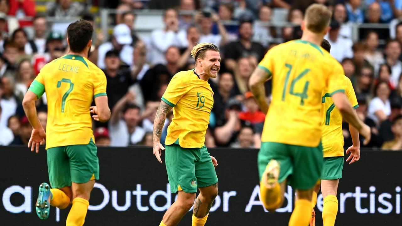 Jason Cummings of the Socceroos celebrates after scoring a goal during the International Friendly match between the New Zealand All Whites and Australia Socceroos. (Photo by Hannah Peters/Getty Images)