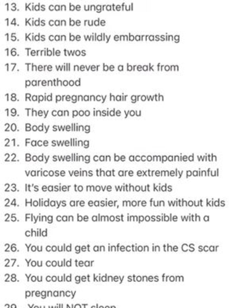 She made a list of 117 reasons she doesn’t want to have children after 'years of being asked why'. Picture: Instagram