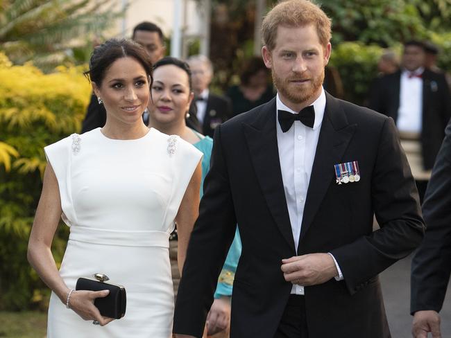 Harry and Meghan attending a state dinner in Nuku'alofa, Tonga. Picture: AP