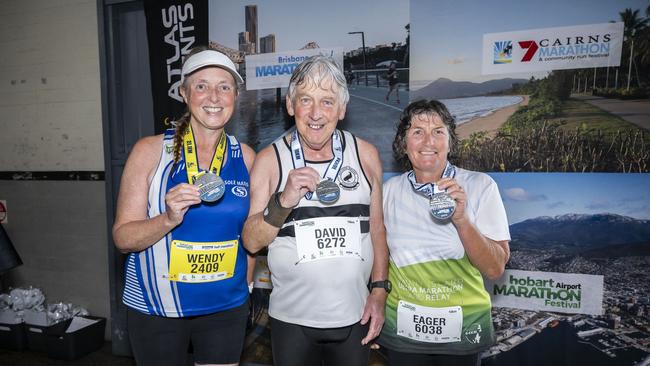 HOBART AIRPORT MARATHON 2024 Wendy Meadowcroft, David Cresswell and.Sharen Willing Picture: Caroline Tan