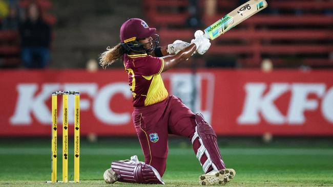 Matthews hits a six on her way to 132 off just 64 balls. Picture: AFP