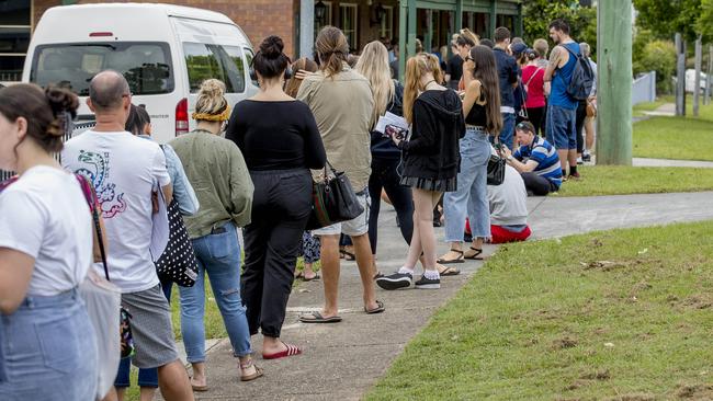 A lines outside the Centrelink in Nerang recently. Picture: Jerad Williams.