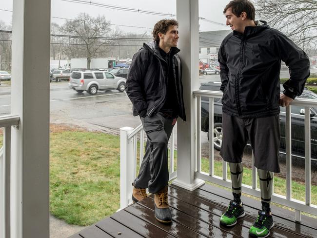 Actor Jake Gyllenhaal (left) with Jeff Bauman, who lost his legs in the 2013 Boston Marathon bombing. Gyllenhaal plays Bauman in the film Stronger. Picture: Roadshow