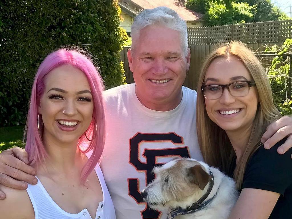 The late, great Dean Jones with daughters Augusta (left) Phoebe (right) and Jack Russell Terrier Trevor. Picture: Instagram