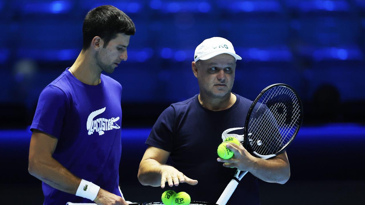 Novak Djokovic of Serbia with his coach Marian Vajda. Photo by Clive Brunskill/Getty Images