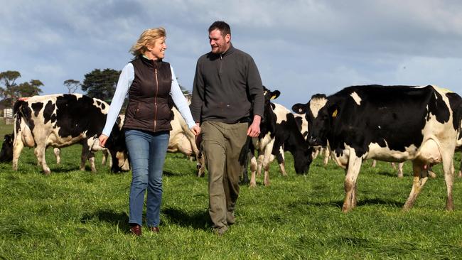 Oonagh Kilpatrick on her dairy farm near Warrnambool with worker from Ireland on 457 visa Daniel Curtin