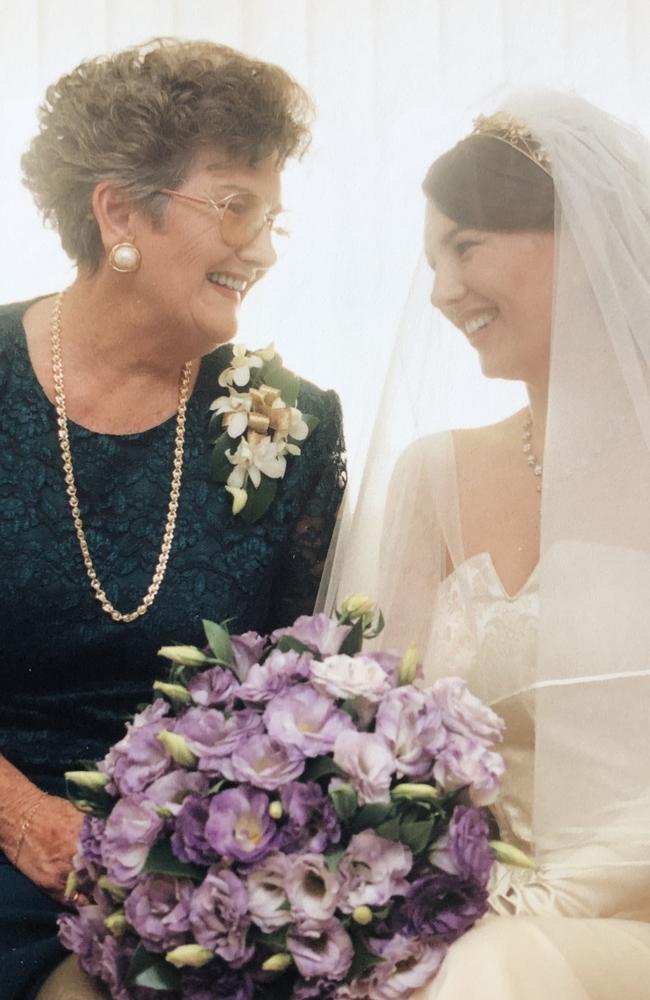 Annette Sharp with her mother Heather on her wedding day in 1998 – the day after the plucky Heather had her gall bladder removed. Picture: Supplied