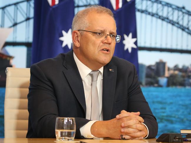 SYDNEY, AUSTRALIA - NewsWire Photos APRIL 22, 2021 - Prime Minister Scott Morrison addresses the summit from the Sydney Commonwealth Parliament Offices.Picture: NCA NewsWire / Christian Gilles