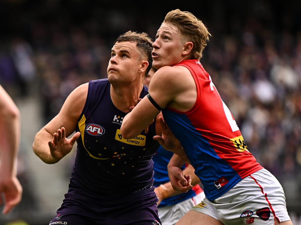 Sean Darcy and Jacob van Rooyen compete in a ruck during the Dockers’ demolition of the Demons. Picture: Daniel Carson/AFL Photos via Getty Images.