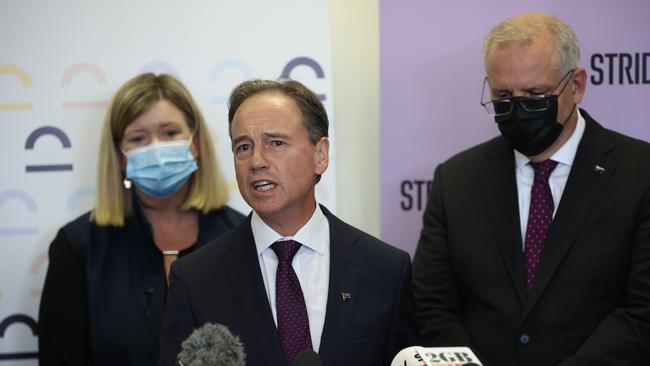 Morrison with then Health Minister Greg Hunt. Hunt was given sweeping powers under the Biosecurity Act. Picture: Jason Edwards