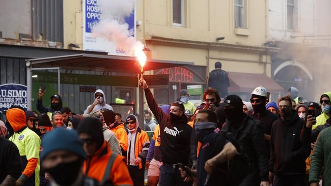 Melbourne construction workers protest mandatory vaccinations after the industry has been shut down for two weeks. Picture: Alex Coppel