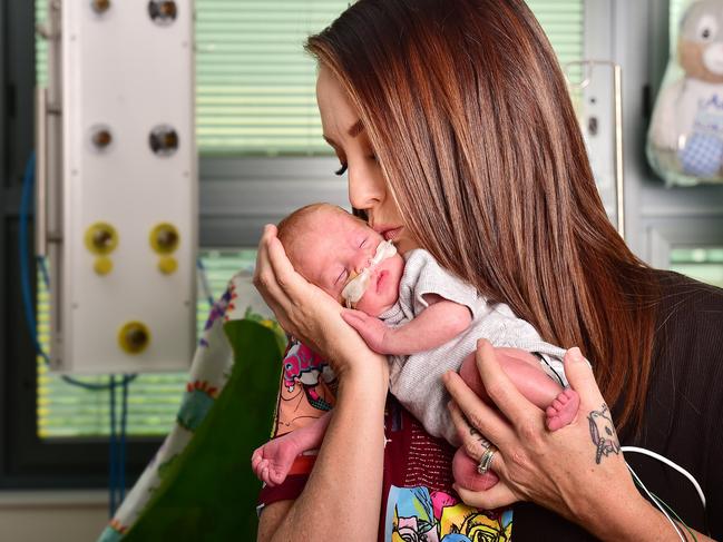 Tennille Sunderland with her son Ara, born on August 21, 11 weeks early, weighing 2 pound 7 ounces, and measuring only 41cm long. Picture: Shae Beplate.