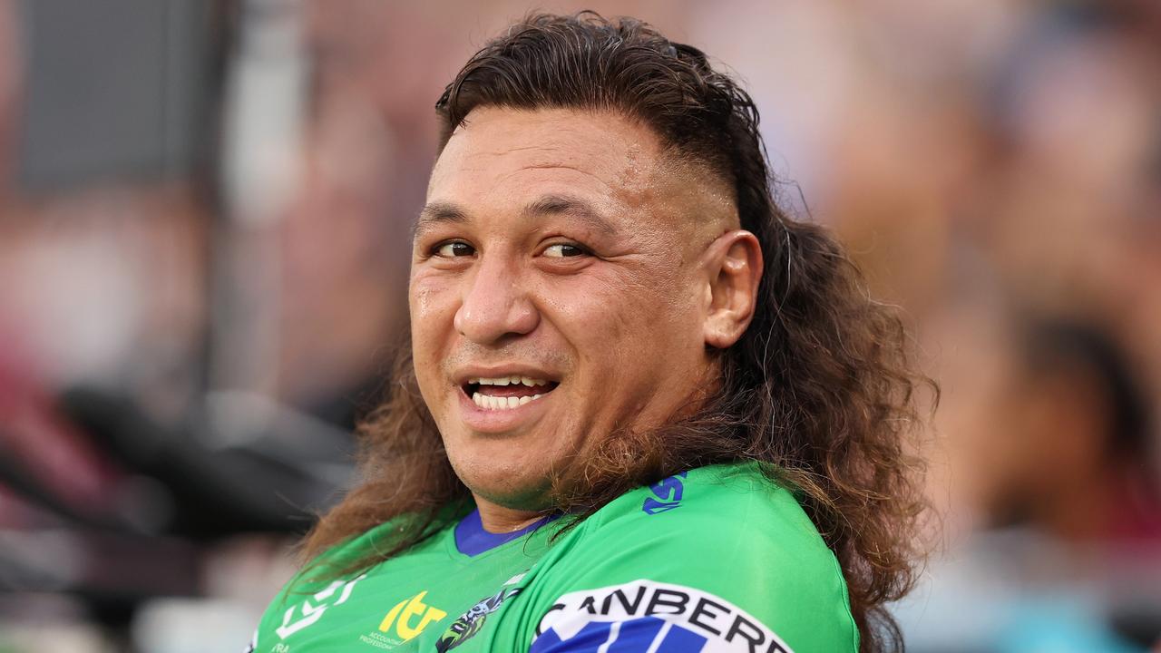 GOSFORD, AUSTRALIA - FEBRUARY 25: Josh Papalii of the Raiders looks on from the bench during the NRL Trial Match between the Manly Sea Eagles and the Canberra Raiders at Central Coast Stadium on February 25, 2022 in Gosford, Australia. (Photo by Ashley Feder/Getty Images)