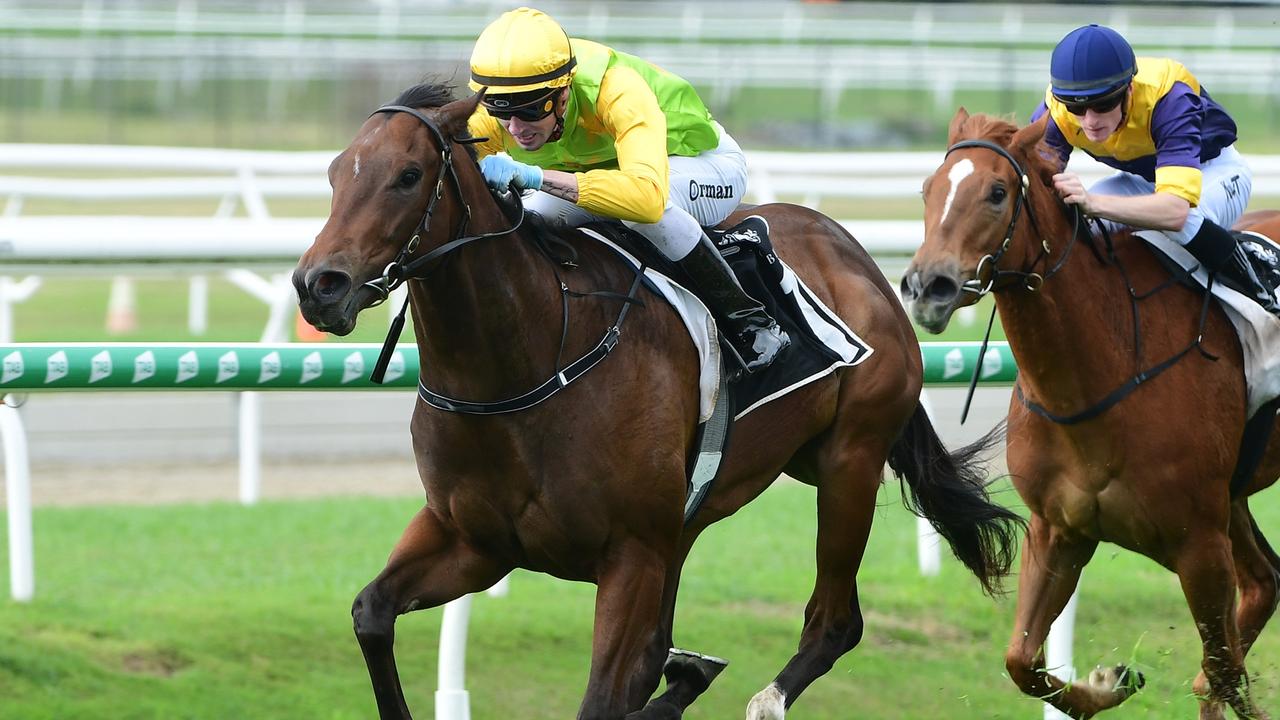 Jockey Jimmy Orman wins aboard All That Pizzazz to secure his maiden jockeys title at Doomben. Picture: Grant Peters - Trackside Photography