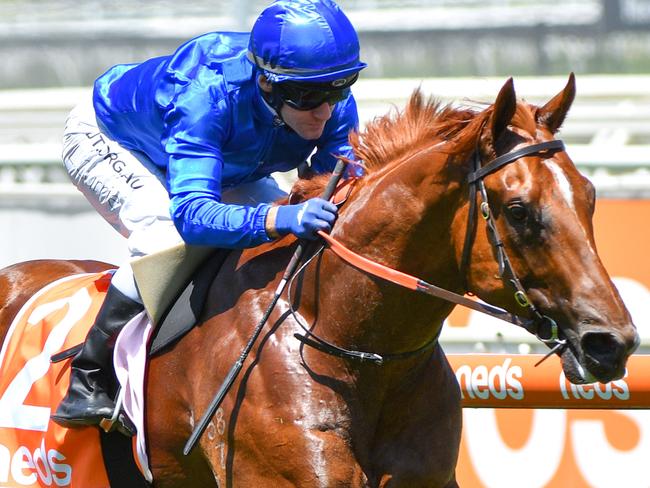 Jockey Luke Currie rides Hanseatic to victory in race 3, the Neds Blue Diamond Preview (C&g), during Australia Day Weekend Races at Caulfield Racecourse in Melbourne, Saturday, January 25, 2020. (AAP Image/Vince Caligiuri) NO ARCHIVING, EDITORIAL USE ONLY