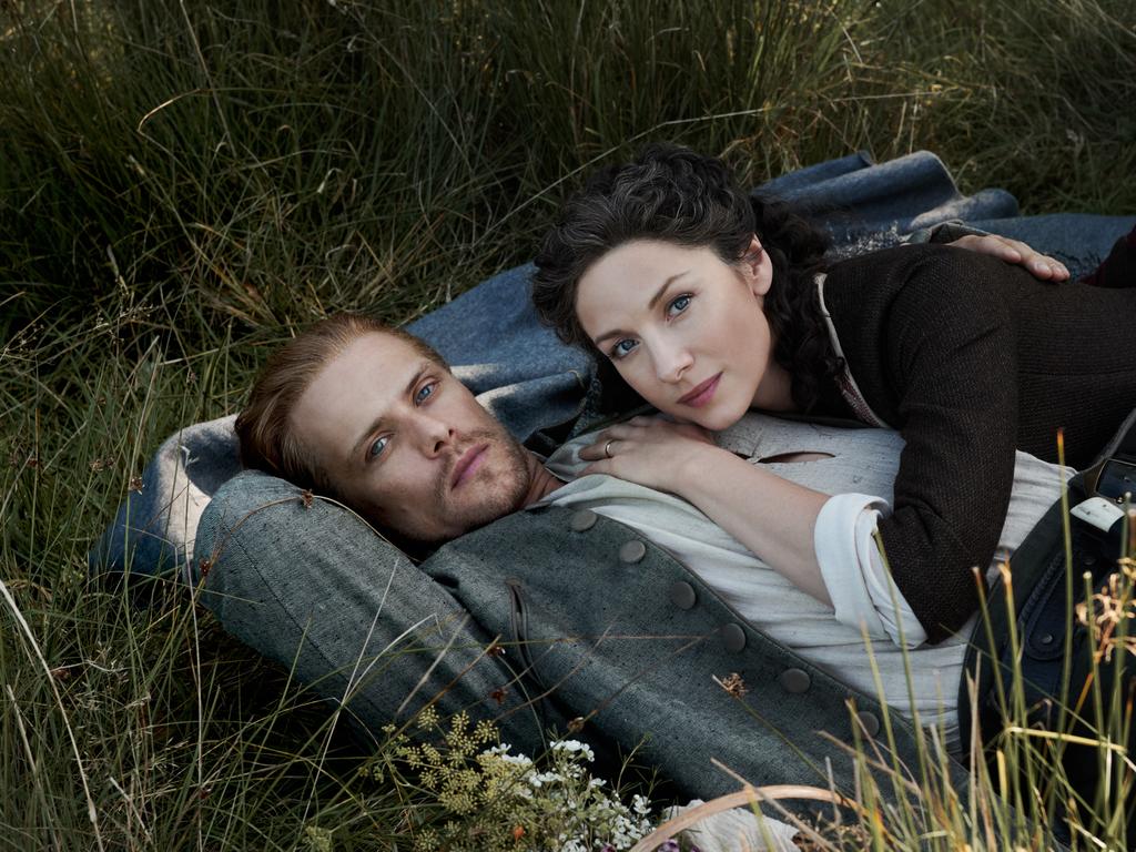 Sam Heughan and Caitriona Balfe in a scene from Foxtel series Outlander.