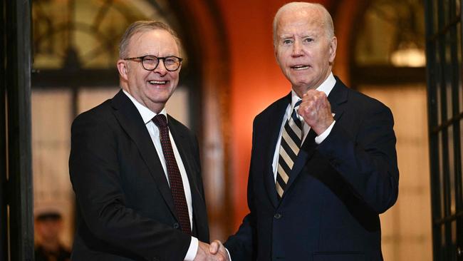 US President Joe Biden, right, bids farewell to Australian Prime Minister Anthony Albanese at the end of the Quadrilateral Summit at the Archmere Academy in Wilmington, Delaware, on Saturday. Picture: Brendan Smialowski/AFP