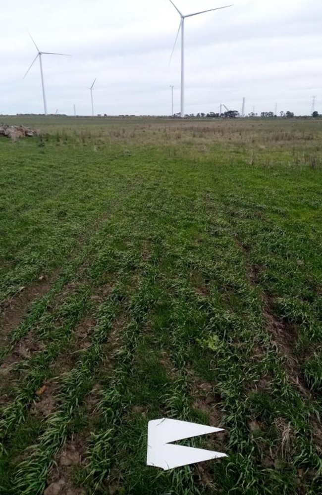 A piece of the serrated feathering off one of the Golden Plains wind turbines that was blown on to a family farm. Picture: Supplied