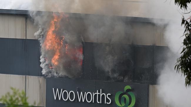 The huge blaze that erupted in the Stirling Woolworths on October 15. The Advertiser/ Morgan Sette