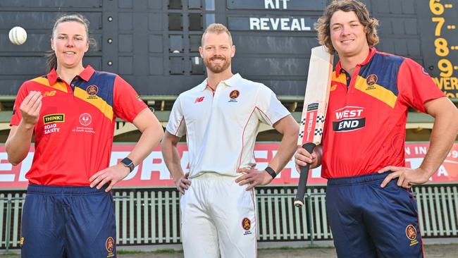 SA cricketers, from left, Tahlia McGrath, Nathan McAndrew and Thomas Kelly show off the new uniforms the state’s men’s and women’s teams are wearing this season. Picture: Brenton Edwards