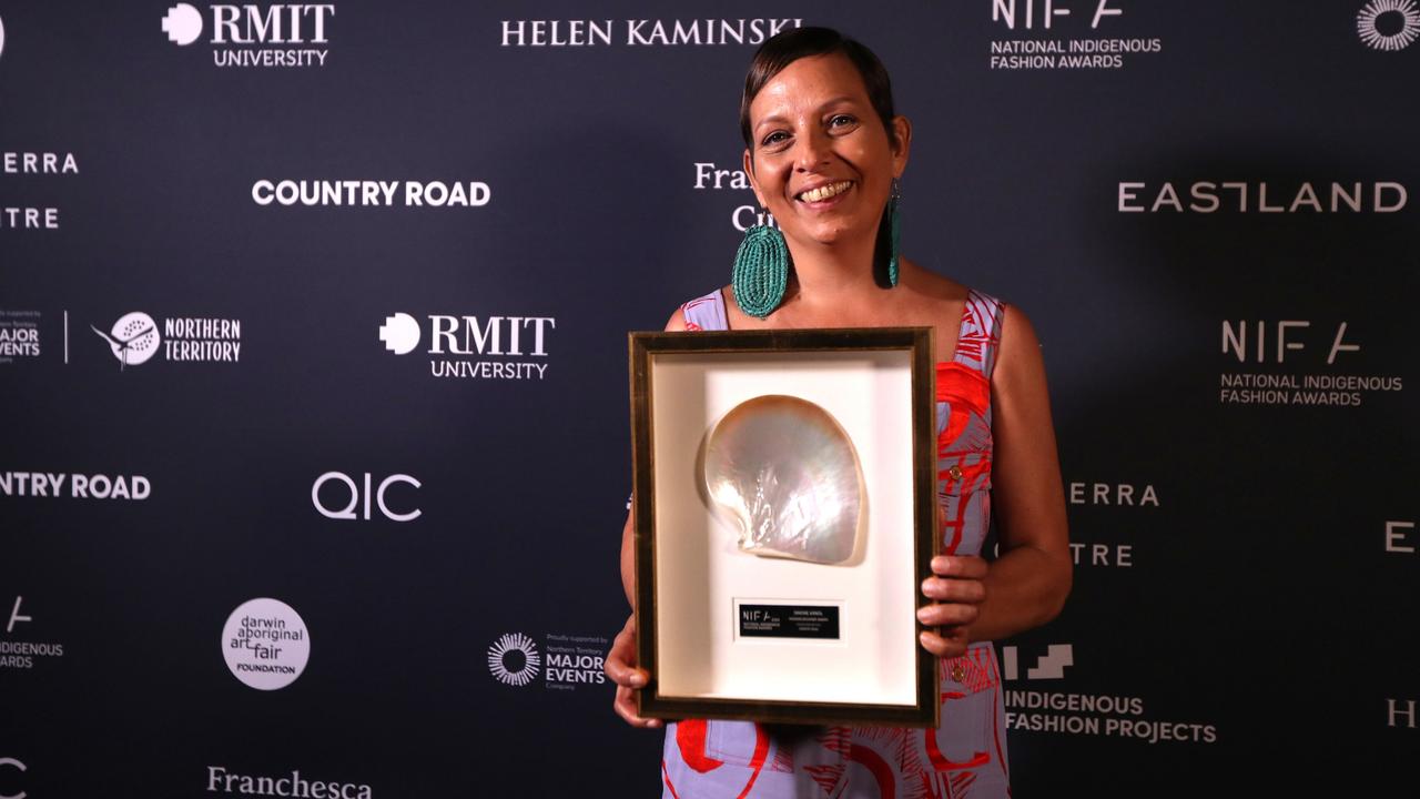 Gunggandji Yarrabah artist Simone Arnol won the Fashion Designer Award at the 2024 National Indigenous Fashion Awards on Larrakia Country, Darwin. Picture: Zizi Averill