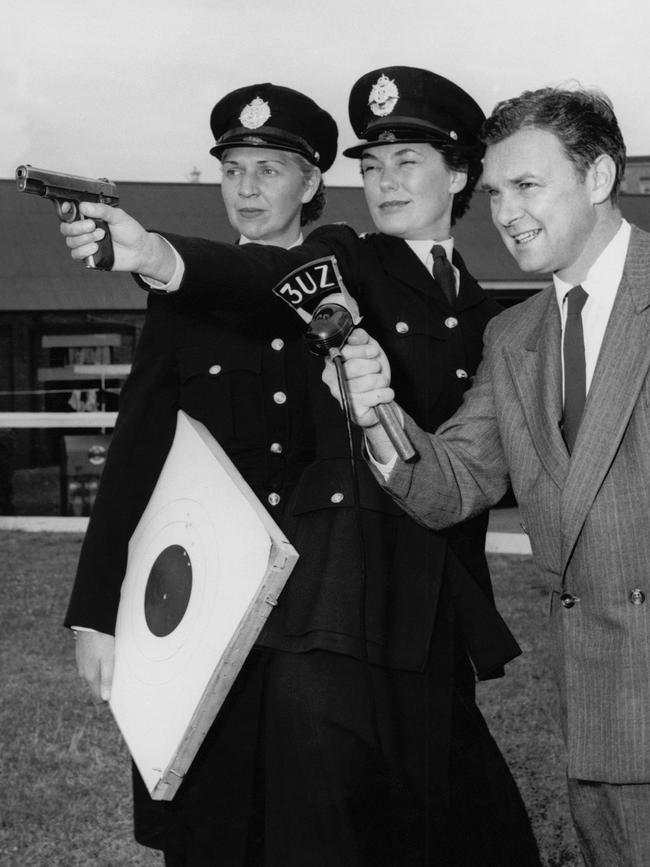 1952: Victorian officers Alice Walmsley and Gail Beeson demonstrate target practice for radio station 3UZ.