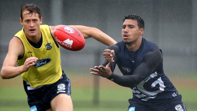 Geelong’s Tim Kelly, right, in action during the pre-season.