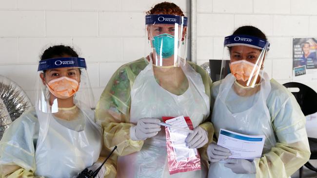 Working the front lines of the region's Covid response are (from left) Enrolled Nurse Fredina Mondido, Registered Nurse Anne Franettovich and Registered Nurse Laurena Coustard De Nerbonne. Picture: Contributed