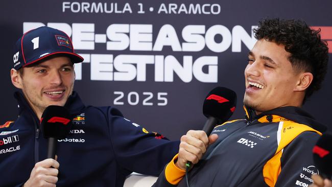 Max Verstappen and Lando Norris share a light-hearted moment at the media call in Bahrain. Photo: Getty Images