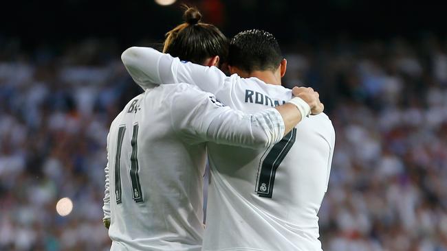 Real Madrid's Gareth Bale, left, celebrates with Cristiano Ronaldo.